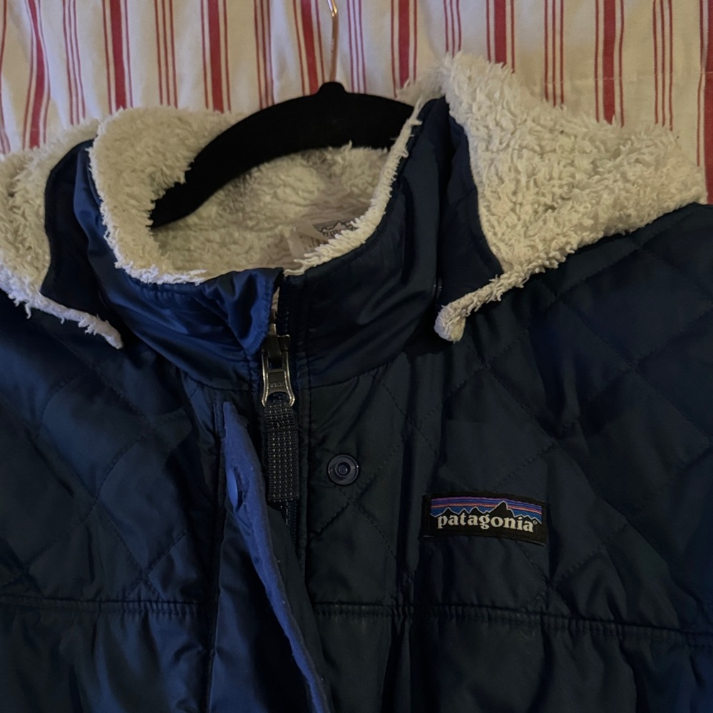 Patagonia Dark Blue Lined Jacket. Kids large(12). Detachable hood. EUC - Picture 2 of 6